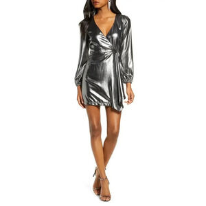 French Connection Metallic Long Sleeve Faux-Wrap Mini Dress Silver Size 2 NWT